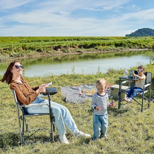 Portal Folding Director Chair with 2-Way Rotating Side Table, Heavy Duty 300 lb Camping Chair with Swivel Tray & Cup Holder, Ergonomic Mesh Back Portable Outdoor Seat for RV, Tailgating & Lawn, Grey