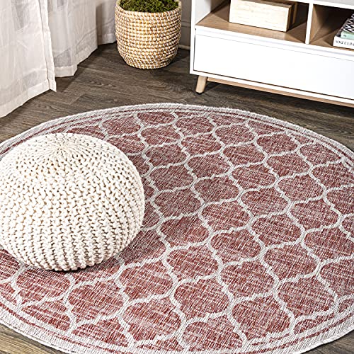 JONATHAN Y Moroccan Trellis Indoor Outdoor Round Area Rug 6 Ft Red/Beige, Trebol Textured Weave for Backyard, Patio, Porch, Easy-Cleaning, High Traffic, Pet-Friendly, Non-Shedding (SMB109C-6R) - color: Red/Beige, size: 6'1" (Round)
