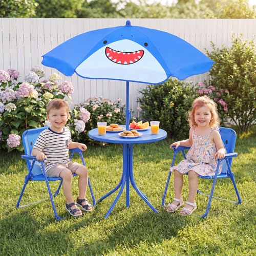 Costzon Kids Picnic Table, Kids Outdoor Table with 2 Folding Chairs, Height Adjustable Umbrella, Portable Children Outdoor Furniture for Patio, Garden, Backyard (Blue Shark) - color: Blue Shark