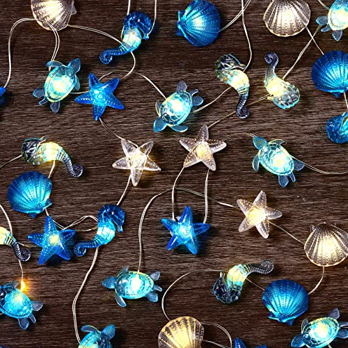 Zhanmai 2 Pcs Ocean Decor String Lights for Bedroom Nautical Theme Seashell Seahorse Conch 10ft 30 LED Battery Operated String Lights for Xmas Tree Ornaments Birthday Holiday Party Decor - style: Ocean Style