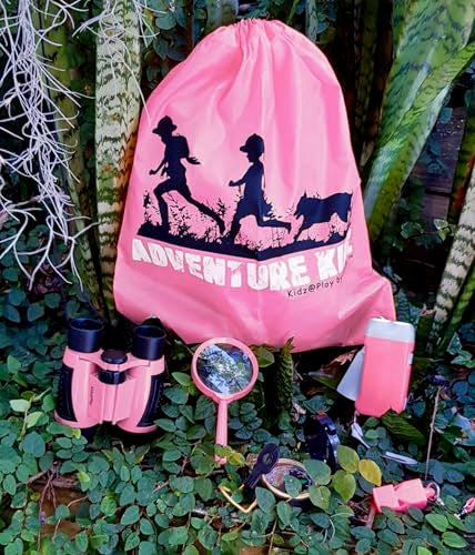 Adventure Kidz - Outdoor Exploration Kit, Children’s Toy Binoculars with Case, Flashlight, Compass, Fox Whistle, Magnifying Glass, Backpack. Great Gift Set for STEM, Pretend Play - color: Pink