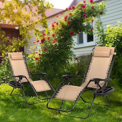 Nazhura Set of 2 Relaxing Recliners Patio Chairs Adjustable Steel Mesh Zero Gravity Lounge Chair Beach Chairs with Pillow and Cup Holder Khaki (Kahki) - color: Kahki