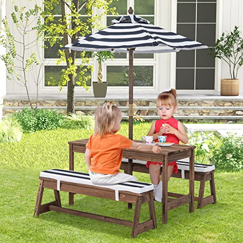KOTEK Kids Picnic Table with Umbrella Foldable, Backyard Wooden Table & Bench Set w/Removable Cushions, Activity Art Play Table, Indoor Outdoor Toddler Picnic Table for Patio, Lawn & Garden (Blue) - color: Blue