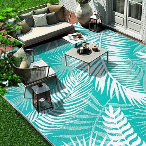 Outdoor Rug Waterproof for Patios Clearance, 10'x14' Quick Drying Outdoor Plastic Straw Rug Camping Carpet, Outside Floor Mats Large Area Rugs for RV,Patio,Deck,Porch, Beach, Balcony,Teal&White - color: Teal Blue, size: 10' x 14' (Rectangular)