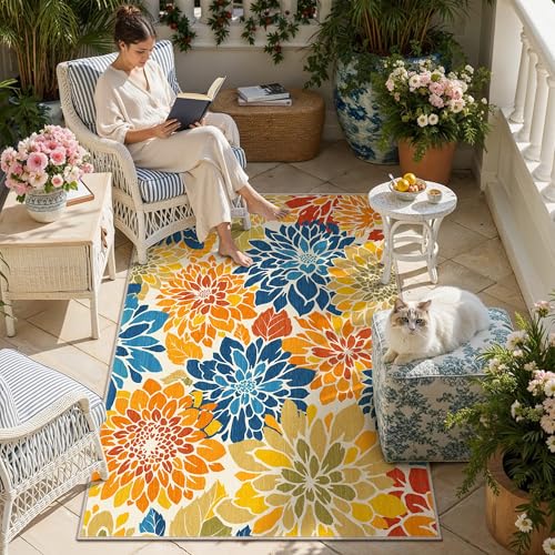 HUGEAR Floral Textured Weave Indoor Outdoor Area Rug 4X6 Washable High Traffic Stain Resistant Non Slip Durable Carpet for Livingroom Patio Deck Balcony Courtyard (Colorful, 4' x 6') - color: Multi Floral / Colorful, size: 4'x6' (Rectangular)