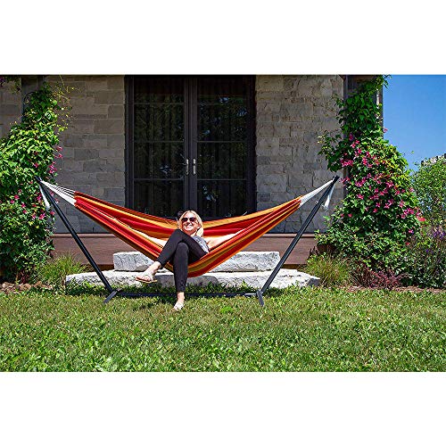 Vivere Brazilian Style Sunbrella Double Hammock with Steel Stand Combo, Sunset - color: Sunset