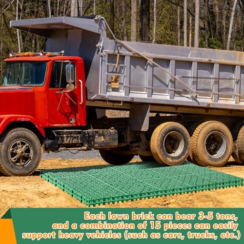 15 Pcs 15.7 x 15.7 in Heavy Duty Ground Protection Mats Drive on Lawn Grid, Heavyweight Drain Interlocking Non-Slip Floor Mat, 6613 lb Load for Gravel Grid Permeable Pavers (Green) - color: Green, size: 15.7 x 15.7 in