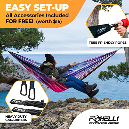 Foxelli Camping Hammock – Ultralight Hammock for Backpacking, Hiking, Festivals, Travel - Easy Setup with Tree-Friendly Ropes & Steel Carabiners, Heavy Duty Parachute Nylon - color: Universe