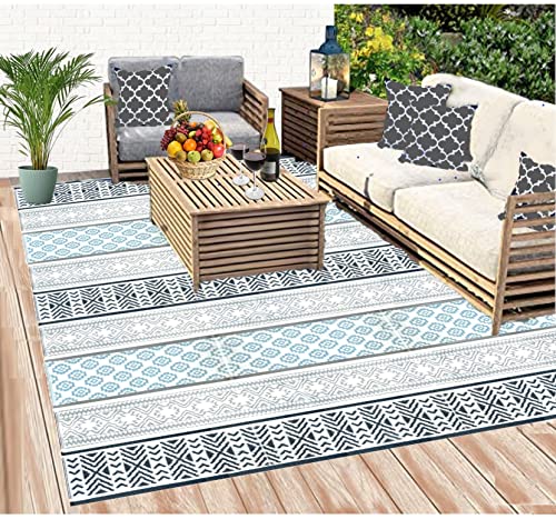 Outdoor Rug - 9x18 Grey, Teal, Reversible Recycled Plastic Straw Outdoor Patio Rugs Clearance Waterproof Large RV Camper Mats 7087 - color: Grey, Teal, size: 9' x 18' (Rectangular)