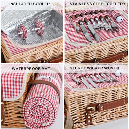 Multifunctional Wicker Picnic Basket Set for 4 with Blanket and Picnic Table, Insulated Picnic Set with Full Tablewares for Camping Outdoor Couples, Gingham - color: Gingham With Blanket &Table for 4