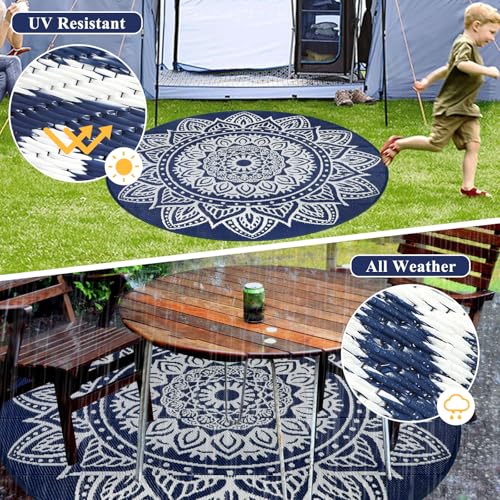 famibay 5 Ft Round Outdoor Rug, Boho Round Patio Rug Waterproof, Outdoor Plastic Straw Rug Camping Rug RV Rugs for Outside Lightweight Portable Reversible Outdoor Carpet for Patio Backyard Porch - color: Dark Blue, size: Round 5ft