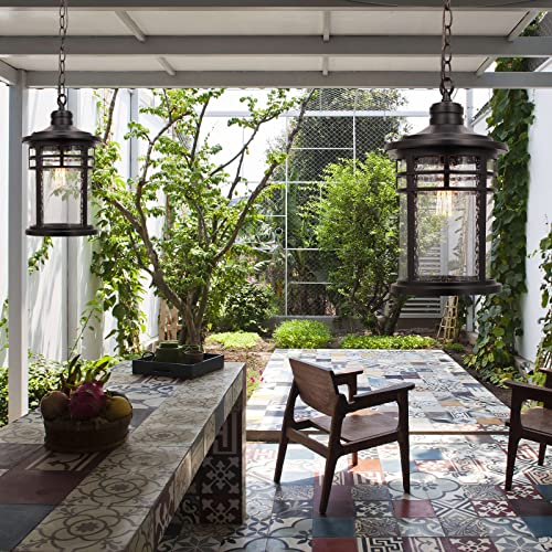 Darkaway Large Outdoor Pendant Lights, 15inch Outdoor Chandelier Hanging Porch Lights Outside Ceiling Mount Aluminum with Seeded Glass for Front Door Gazebo Patio (Large, Black) - color: Black, size: Large Size