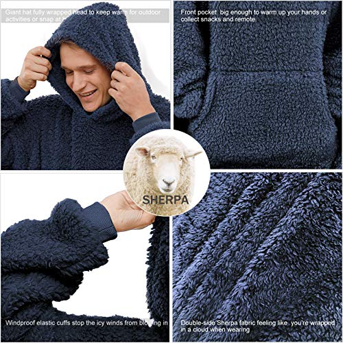 Sherpa Wearable Blanket Oversized Hoodie Sweatshirt TV Blanket with Long Sleeves and Pocket-Navy - color: Navy
