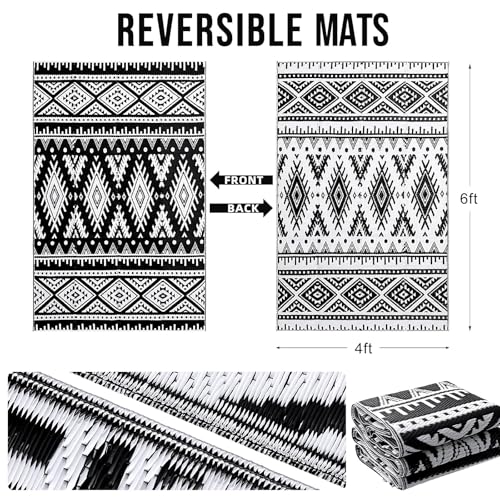 OLANLY Outdoor Rug Waterproof 4x6 ft, Reversible Outdoor Plastic Straw Rug, Boho Patio Rug, Indoor Outdoor Carpet, RV Mat Outside for Patio, Camp, Picnic, Balcony, Deck, Backyard, Black & White - color: Black & White, size: 4' X 6' (Rectangular)