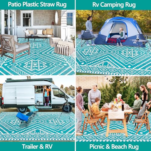 Waterproof Outdoor Rug 9x12 ft, Reversible Plastic Straw Mat, Large Floor Mat for Patio, Camping, Picnic, Backyard RV, Deck, Teal - color: Teal, size: 9' x 12'