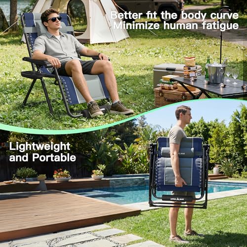 Amopatio Zero Gravity Reclining Patio Chairs Set of 2,XXL Foldable Lounge Chair with Removable Cup Holder/Headrest/Footrest,500LBS Capacity, Portable for Outdoor Patio Pool Backyard - color: Blue-gray, style: 33in-2pcs