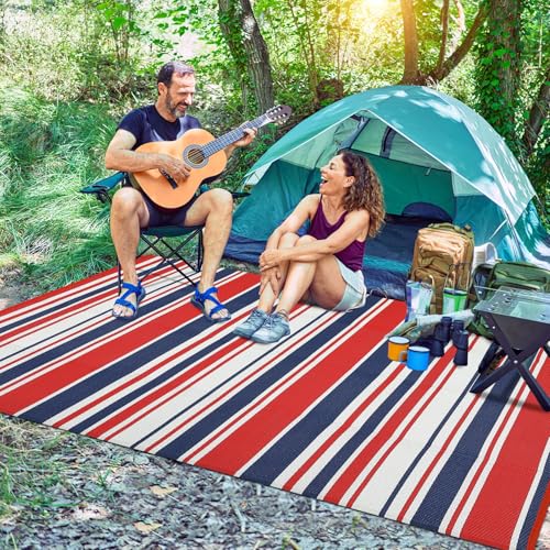 GarveeHome Modern Geometric Lines 9x12 Colorful Reversible Plastic Straw Outdoor Large Rug Non Shedding Stain Portable Outside Carpet for Trailer Backyard Balcony Camping Pool Rv,Red Navy White - color: Geometric Stripes| Red Navy White, size: 9' x 12' (R