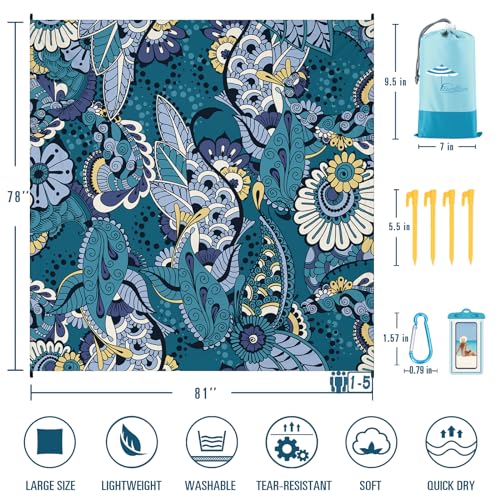 Famstar Beach Blanket Sandproof Waterproof 78''×81''1-5 Adults Oversized,Compact Lightweight Durable Beach Mat for Travel Camping Hiking Picnic Blanket - color: Green Flower, size: 78''×81''