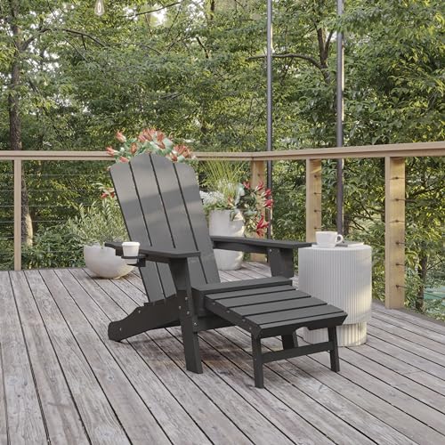 Flash Furniture Newport Poly Resin Adirondack Chair with Cup Holder and Pull Out Ottoman, All-Weather Poly Resin Indoor/Outdoor Lounge Chair, Gray - color: Grey, size: 47.25" - 33.25"dx33.75"wx35.75"h