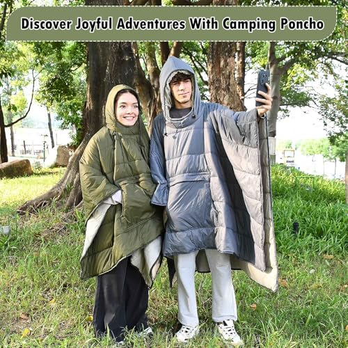 Camping Blanket Poncho Wearable Hoodie Blankets, Waterproof Warm Portable Windproof Durable for Stadium Beach Picnic Car Travel Concerts, Green 79 * 55 inch