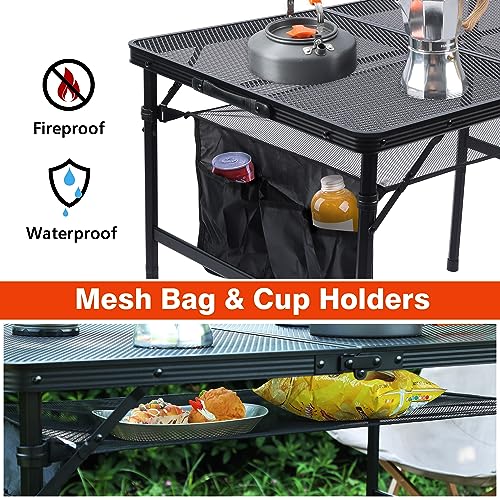 JOUYEK Folding Grill Table, 3x2 FT Portable Camping Table, Height Adjustable Metal Tables with Mesh Desktop and Mesh Bag, Outdoor Furniture for Camping, Picnic, Beach and BBQ, Black - style: 3x2 FT