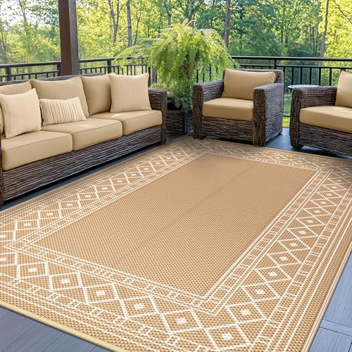 GENIMO Outdoor Rug 5'x8' Waterproof for Patio Decor, Reversible Outdoor Plastic Straw Rug Carpet, Camping Mats for Outdoor, RV, Backyard, Deck, Balcony, Picnic, Brown & Beige - color: Brown & Beige | Natural, size: 5' x 8' (Rectangular)