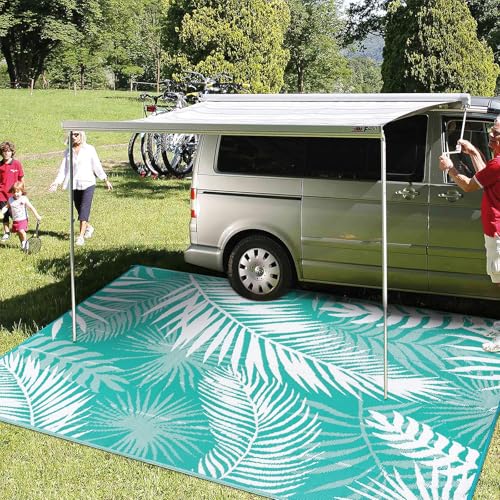 Outdoor Rug for Patios Clearance, 6x9 Waterproof RV Rugs for Outside, Reversible Plastic Straw Mat Large Quick Drying Outdoor Rugs for Deck Trailers Campers Porch Beach Backyard,Teal & White - color: Teal Blue, size: 6' x 9' (Rectangular)