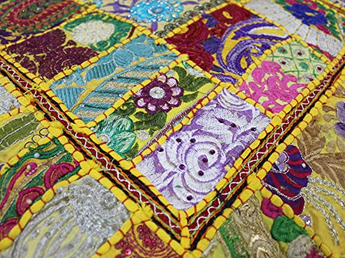Mam Treasures Indian Bohemian Decorative Pillow Vintage Cushion Cover Patchwork Square Floor Pillow Cover Meditation Cushion Large Floor Pillow Indian Cushion (Yellow, 16 X 16 X 5 Inch) - color: Yellow, size: 16" x 16" (Pack of 1)