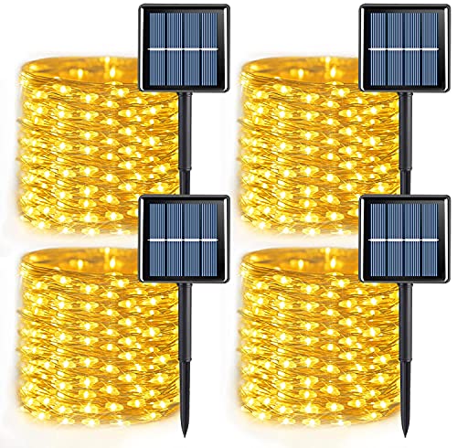 QITONG Solar Fairy Lights, 4 Pack Each 33ft 100 LED Warm White Christmas Light Outdoor Waterproof, 8 Modes Silver Wire Twinkle Mini Lights - color: Warm, size: 4Pack*100LED