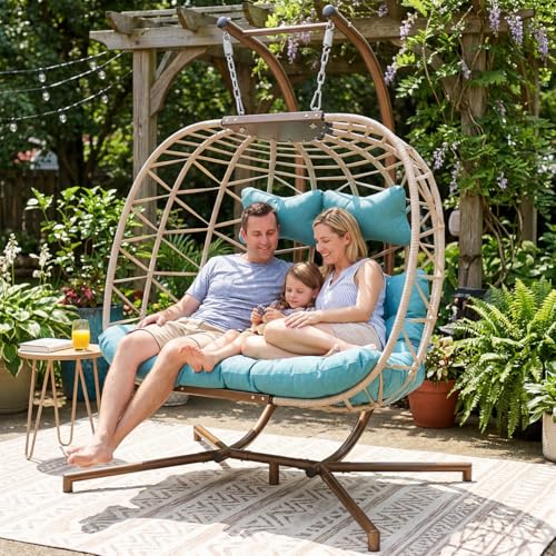 BULEXYARD Double Egg Chair with Stand Indoor Outdoor 2 Person Large Wicker Hanging Swing Chair Oversized Twins Patio Loveseat 2 Seat Beige Rattan Light Green Cushions - color: Beige/Light Green, size: 2 Seats (No Cover)