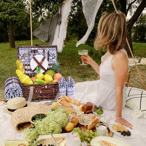Neti Neti Wicker Picnic Basket for 2 Boho with Insulated Cooler & Waterproof Blanket – Large Willow Picnic Hamper for Outdoor, Camping, Beach, Romantic Dates, Valentine’s Day - color: Boho 4