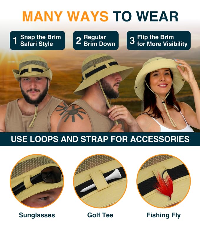 GearTOP Wide Brim Sun Hat for Men & Women, UPF 50+ Fishing Hat with Detachable Neck Flap & Face Cover Gardening Boonie Sunhat - color: Khaki Wanderer
