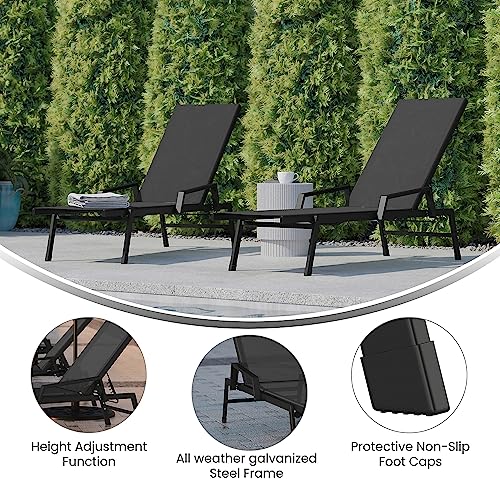 Flash Furniture Brazos Set of 2 Adjustable Chaise Lounge Chairs with Arms, All-Weather Outdoor Five-Position Recliners, Black/Black - color: Black/Black, size: Set of 2
