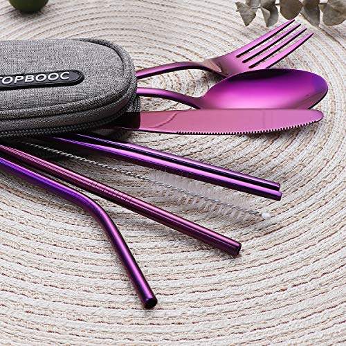 8-Piece Portable Stainless Steel Flatware Set, Travel Camping Cutlery Set with Purple Waterproof Case - color: Purple