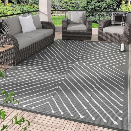 Garvee Modern Striped 5x8 Outdoor Rug Quick Dry Waterproof Reversible Plastic Straw Patio Mat Portable RV Camping Rug for Picnic, Beach, Balcony, Deck UV Protected & Easy to Clean, Grey&White. - color: Greywhite, size: 5' x 8' (Rectangular)