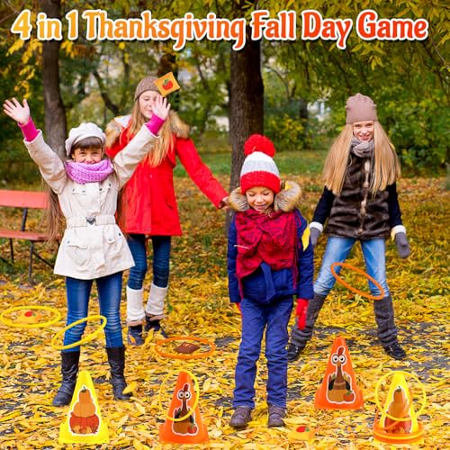 4 in 1 Fall Festival Thanksgiving Party Games with Ring Toss, Plastic Cones, Bean Bags, 3-Legged Race Bands, Thanksgiving Games for Family Boy Girl Adult Carnival Friendsgiving Outdoor Yard Activities - color: Fall Thanksgiving Orange