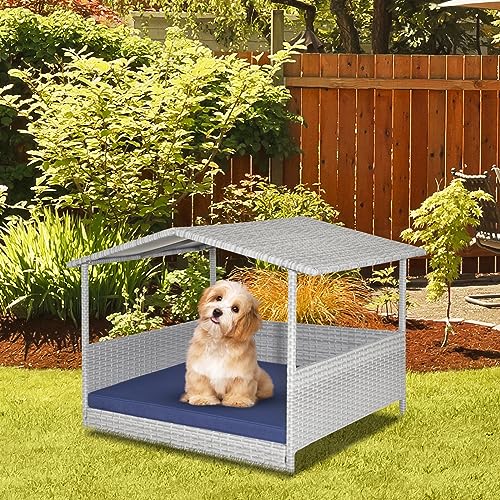 Giantex Wicker Dog House, Raised Rattan Dog Bed with Waterproof Roof, Washable Cushion Cover, Steel Frame, Indoor Outdoor Elevated Dog Bed Pet House for Small Medium Dogs Cats, Easy Assembly - style: Light Gray House & Navy Cushion
