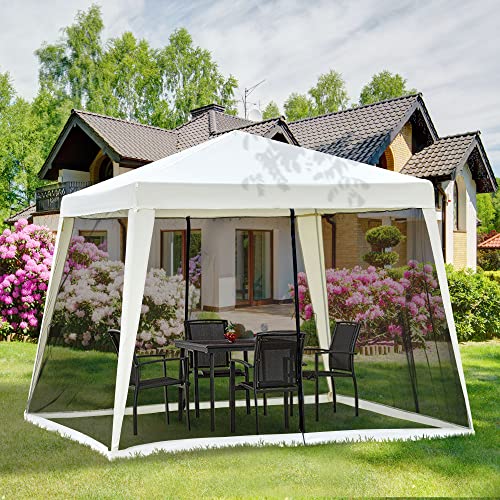 Outsunny 10'x10' Outdoor Canopy Tent, Slant Leg Sun Shelter with Mesh Sidewalls, Patio Tents for Parties, Cream White - color: Cream White
