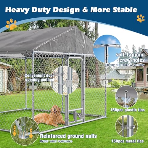 10FT Large Outdoor Dog Kennel with Roof, Heavy Duty Dog Enclosure Kennel House w/Rotating Feeder, Galvanized Chain Link Dog Runs Pet Playpen with Waterproof UV-Resistant Cover and Secure Lock - size: 118"×118"×83"-w/rotating feeders