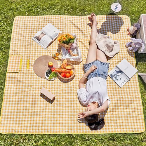 RUIBOLU Beach Blanket Large Picnic Blankets, 80x60in Sandproof Beach Mat for 2-4 Adults Waterproof Quick Drying Outdoor Picnic Mat for Travel Camping Hiking Festival Park Lawn (Yellow Plaids) - color: Yellow Plaids