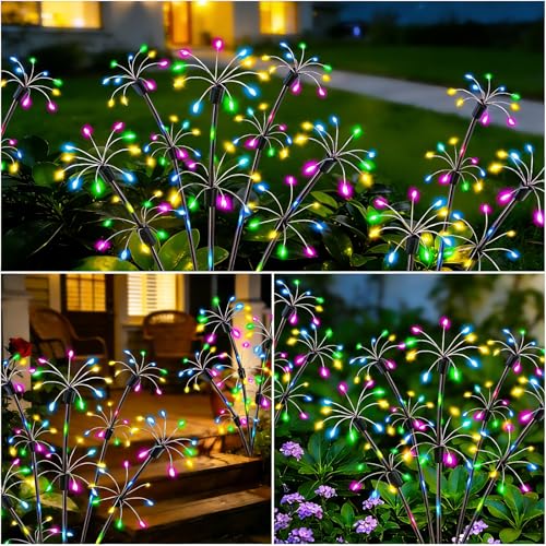 Solar Garden Lights Outdoor, 4 Pack 2-Layer Multicolor Solar Firework Lights, Waterproof Starburst Fairy Light Garden Decor for Yard Patio Pathway Lawn, Unique Gifts for Women Mom Grandma Mother's Day - color: Multicolor