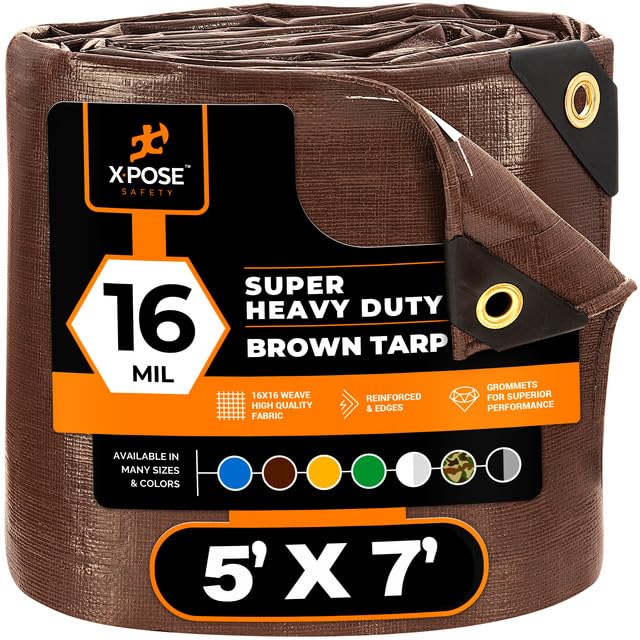 5' x 7' Super Heavy Duty 16 Mil Brown Poly Tarp Cover - Thick Waterproof, UV Resistant, Rip and Tear Proof Tarpaulin with Grommets and Reinforced Edges - by Xpose Safety - color: Brown, size: 5' x 7'