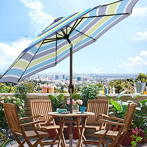 Blissun 9' Outdoor Patio Umbrella, Outdoor Table Umbrella, Yard Umbrella, Market Umbrella with 8 Sturdy Ribs, Push Button Tilt and Crank - color: Blue & Green Stripe