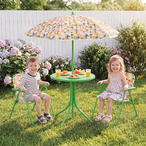 Costzon Kids Picnic Table, Kids Outdoor Table with 2 Folding Chairs, Height Adjustable Umbrella, Portable Children Outdoor Furniture for Patio, Garden, Backyard (Green Forest) - color: Green Forest
