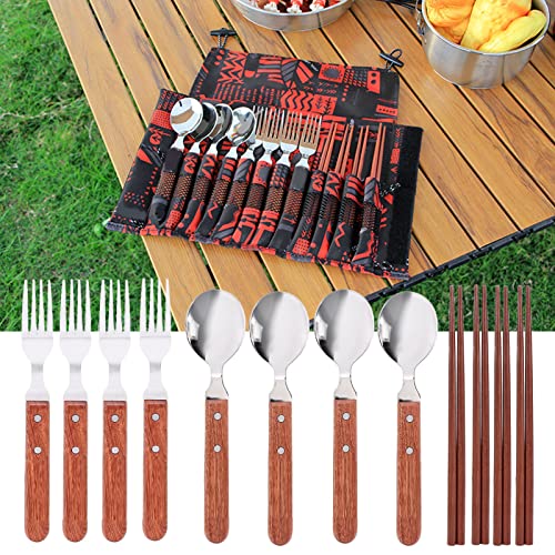 12 Pcs Camping Cutlery Set | 304 Stainless Steel & Wooden Handle Tableware | 4 Person Utensils Spoons Chopsticks Set for Picnic/Barbecue/Outdoor Dining | Includes Carry Bag