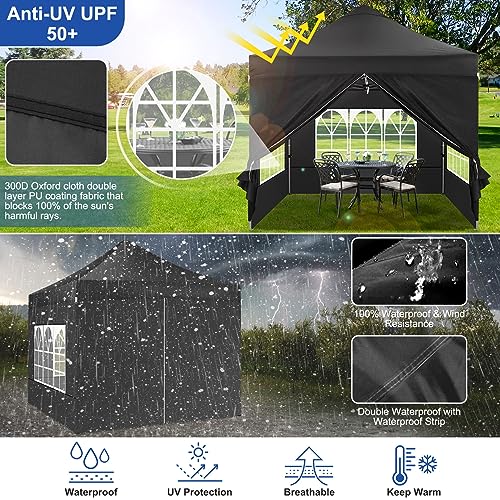 COBIZI 10x10 Heavy Duty Pop Up Canopy Tent with 4 Sidewalls Thicken Frame, Commercial Easy Up Outdoor Wedding Party Tents, All Season Waterproof Windproof with Stakes Sandbags Ropes Roller Bag, Black - color: Black, size: 10x10