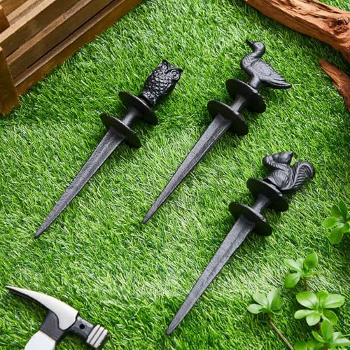Tandefio 3 Pcs Animals Garden Hose Guide Stakes, Owls Squirrels Ducks Heavy Duty Decorative Antique Black Cast Iron Metal Hose Guides, Plant Protector for Lawn Yard Flower Bed - style: Owls, Squirrels, Ducks