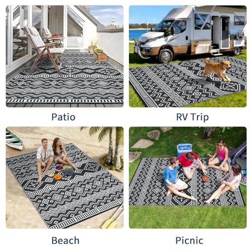 Boho 8x10 Waterproof Outdoor Rug, Reversible Plastic Straw Mat, Tribal Geometric Washable RV Camping Carpet, Foldable UV Resistant Deck Rug for Picnic Backyard Balcony Porch Patio, Black - color: Black/White, size: 8' x 10' (Rectangular)