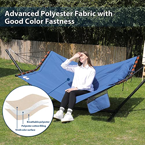 TegerDeger 12FT 2 Person Hammock with Stand Included 55 x 79IN Large Hammock 450LB Capacity with Hardwood Spreader Bar & Nylon Rope for Outside, Patio, Garden, Backyard, Beach - Deep Blue - color: Blue