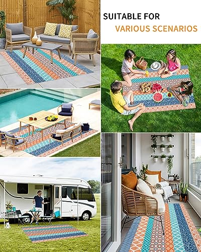 Outdoor Rug 6'x9' for Patio Clearance Large Outside Rug Chenille Patio Rugs Indoor Outdoor Carpet Art Boho Style Geometric Texture Turquoise Blue Area Rugs for Camping Porch Deck Balcony - color: Bohemiaidt8707, size: 6' x 9' (Rectangular)